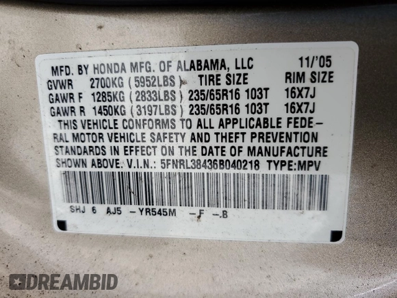 2006 Honda Odyssey EX z VIN 5FNRL38436B040218, wystawiony jako Copart lot #51318545 z przebiegiem 252 488 mil mil oraz Szkoda całkowita • Salvage title. Historia ofert i sprzedaży dostępna na DreamBid. Obrazek 13.