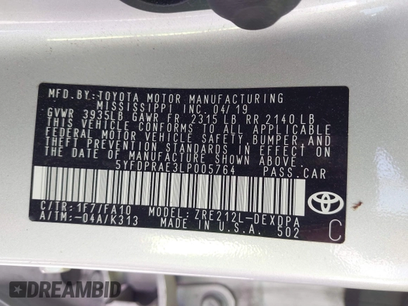 2020 Toyota Corolla L with VIN 5YFDPRAE3LP005764, listed as a IAAI auction lot 36486193 with 53,048 mi miles. Bid and sale history available at carsss.com. Image 9.