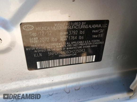 2013 Hyundai Elantra Limited with VIN 5NPDH4AE6DH225043, listed as a Copart auction lot 52006435 with 127,169 mi miles and Salvage Title. Bid and sale history available at DreamBid. Image 12.