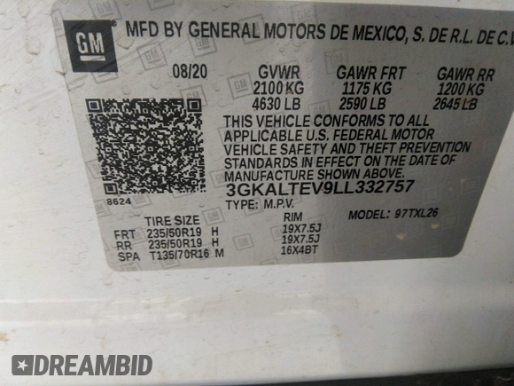 2020 GMC Terrain SLE with VIN 3GKALTEV9LL332757, listed as a IAAI auction lot 41130912 with 92,307 mi miles and . Bid and sale history available at DreamBid. Image 9.