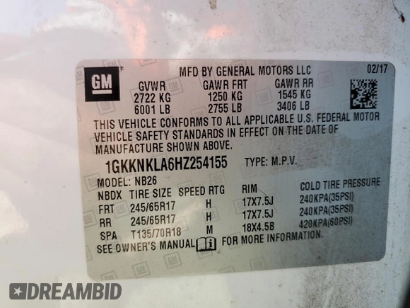2017 GMC Acadia SLE with VIN 1GKKNKLA6HZ254155, listed as a Copart auction lot 50251955 with 99,837 mi miles and Salvage Title. Bid and sale history available at DreamBid. Image 14.
