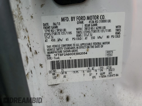 2013 Ford F-250 XL with VIN 1FTBF2A60DEB82054, listed as a Copart auction lot 50368074 with 34,182 mi miles and Clean Title. Bid and sale history available at DreamBid. Image 14.