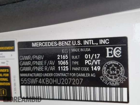 2017 Mercedes-Benz C 300 with VIN 55SWF4KB0HU207207, listed as a Copart auction lot 49957165 with 128,013 mi miles and Salvage title. Bid and sale history available at DreamBid. Image 12.
