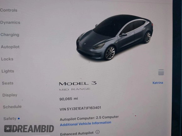 2018 Tesla Model 3 Long Range Battery with VIN 5YJ3E1EA7JF163401, listed as a IAAI auction lot 41829681 with 90,065 mi miles. Bid and sale history available at carsss.com. Image 14.