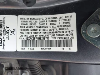 2017 Honda Civic EX z VIN 19XFC2F74HE219712, wystawiony jako IAAI lot #41499193 z przebiegiem 182 439 mil mil oraz . Historia ofert i sprzedaży dostępna na DreamBid. Obrazek 9.