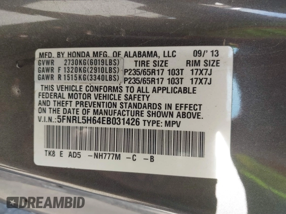 2014 Honda Odyssey EX-L z VIN 5FNRL5H64EB031426, wystawiony jako IAAI lot #41777542 z przebiegiem 162 426 mil mil oraz . Historia ofert i sprzedaży dostępna na DreamBid. Obrazek 9.