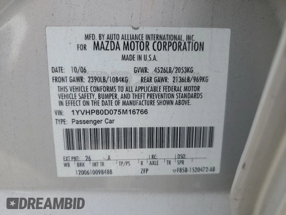 2007 Mazda 6 S Sport VE with VIN 1YVHP80D075M16766, listed as a Copart auction lot 42512665 with 213,967 mi miles and Salvage Title. Bid and sale history available at DreamBid. Image 12.