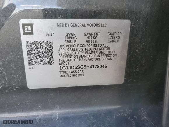 2017 Chevrolet Sonic LT with VIN 1G1JD5SG5H4178046, listed as a Copart auction lot 47219445 with 129,648 mi miles and Salvage Title. Bid and sale history available at carsss.com. Image 13.