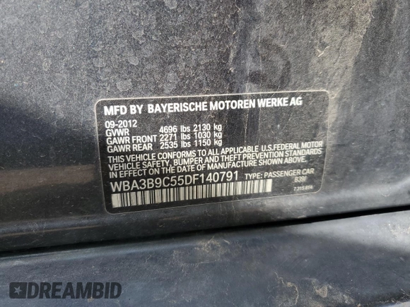 2013 BMW 3 Series 335i xDrive with VIN WBA3B9C55DF140791, listed as a Copart auction lot 56216555 with 135,095 mi miles and Salvage title. Bid and sale history available at DreamBid. Image 12.
