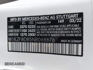 2022 Mercedes-Benz E 350 with VIN W1KZF8DB5NB068876, listed as a IAAI auction lot 41999445 with 31,786 mi miles and . Bid and sale history available at DreamBid. Image 9.