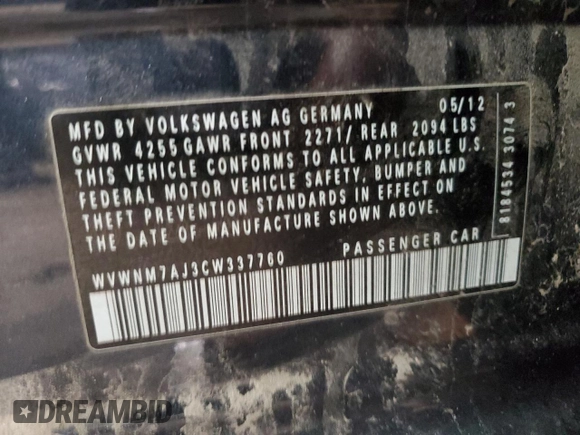 2012 Volkswagen Golf TDI with VIN WVWNM7AJ3CW337760, listed as a Copart auction lot 82486914 with 102,875 mi miles and Salvage title. Bid and sale history available at DreamBid. Image 15.