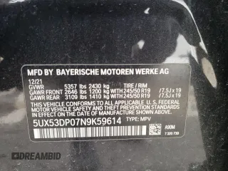 2022 BMW X3 xDrive30i with VIN 5UX53DP07N9K59614, listed as a Copart auction lot 45942415 with 27,961 mi miles and Salvage Title. Bid and sale history available at DreamBid. Image 13.