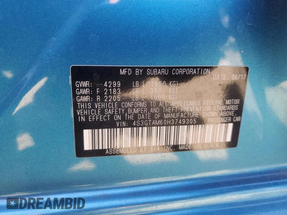 2017 Subaru Impreza Special Sports with VIN 4S3GTAM60H3749305, listed as a Copart auction lot 58734365 with 61,828 mi miles and Salvage title. Bid and sale history available at DreamBid. Image 12.
