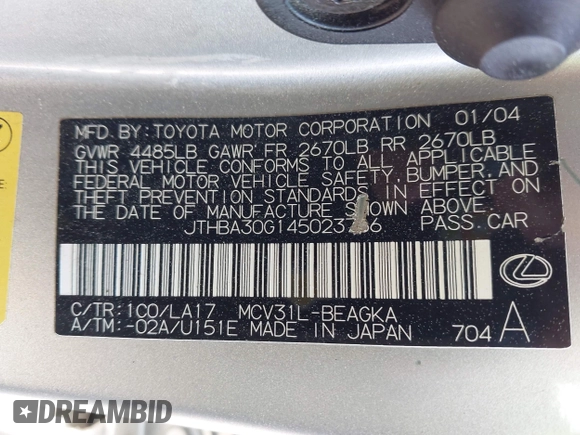 2004 Lexus ES 350 with VIN JTHBA30G145023766, listed as a IAAI auction lot 41978835 with 196,923 mi miles and . Bid and sale history available at DreamBid. Image 8.