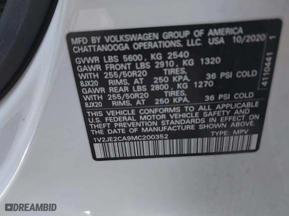 2021 Volkswagen Atlas Cross Sport 3.6L V6 SE w/Technology with VIN 1V2JE2CA9MC200352, listed as a IAAI auction lot 41367596 with 118,354 mi miles. Bid and sale history available at carsss.com. Image 9.