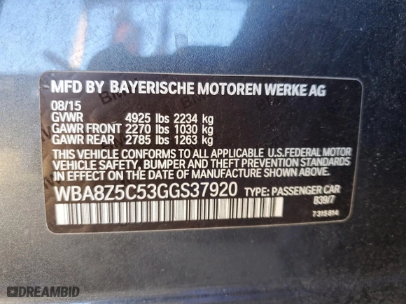 2016 BMW 3 Series Gran Turismo 328i xDrive with VIN WBA8Z5C53GGS37920, listed as a Copart auction lot 46587845 with 115,180 mi miles and Salvage Title. Bid and sale history available at carsss.com. Image 12.