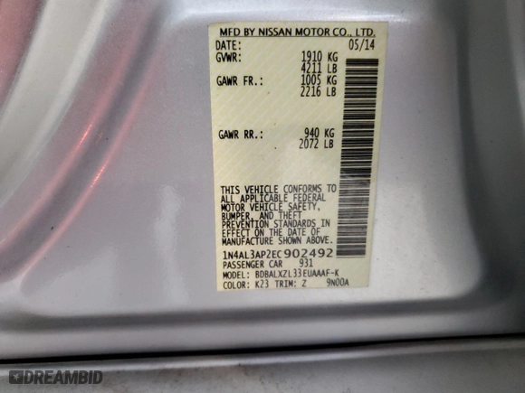 2014 Nissan Altima 2.5 S with VIN 1N4AL3AP2EC902492, listed as a Copart auction lot 45479985 with 88,480 mi miles and Clean Title. Bid and sale history available at carsss.com. Image 12.