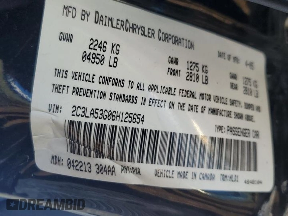 2006 Chrysler 300 Touring with VIN 2C3LA53G06H125654, listed as a Copart auction lot 71224414 with 145,759 mi miles and Salvage Title. Bid and sale history available at carsss.com. Image 12.