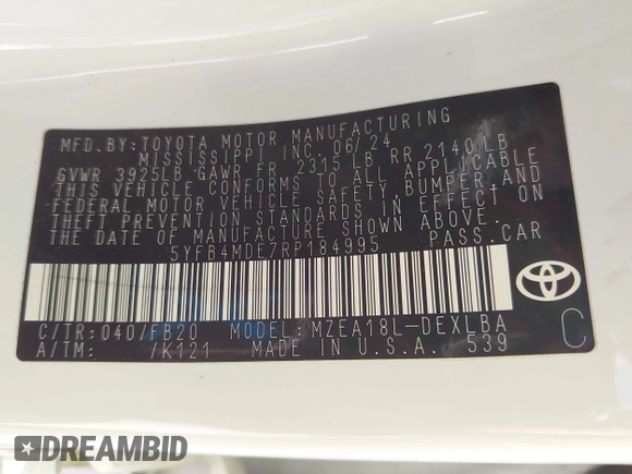 2024 Toyota Corolla LE с VIN 5YFB4MDE7RP184995, выставлен на аукционе IAAI как лот 42300683 с пробегом 19 826 миль миль и . История ставок и продаж доступна на DreamBid. Изображение 9.