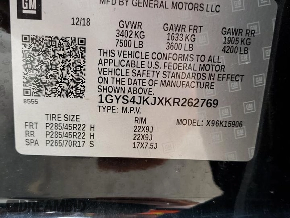 2019 Cadillac Escalade ESV Premium Luxury z VIN 1GYS4JKJXKR262769, wystawiony jako Copart lot #85207754 z przebiegiem 91 985 mil mil oraz Szkoda całkowita • Salvage title. Historia ofert i sprzedaży dostępna na DreamBid. Obrazek 13.