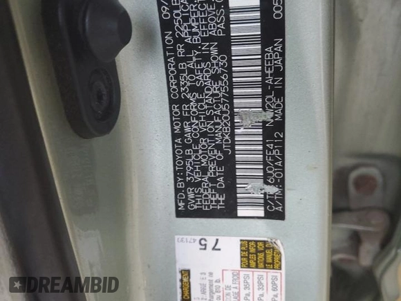 2007 Toyota Prius z VIN JTDKB20U577556730, wystawiony jako Copart lot #61117255 z przebiegiem Nie podano mil oraz Nie do naprawy • Non repairable. Historia ofert i sprzedaży dostępna na DreamBid. Obrazek 13.