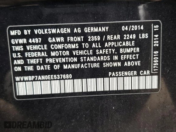 2014 Volkswagen CC R-Line с VIN WVWBP7AN0EE537680, выставлен на аукционе Copart как лот 47804775 с пробегом 105 397 миль миль и Списание • Salvage title. История ставок и продаж доступна на DreamBid. Изображение 12.