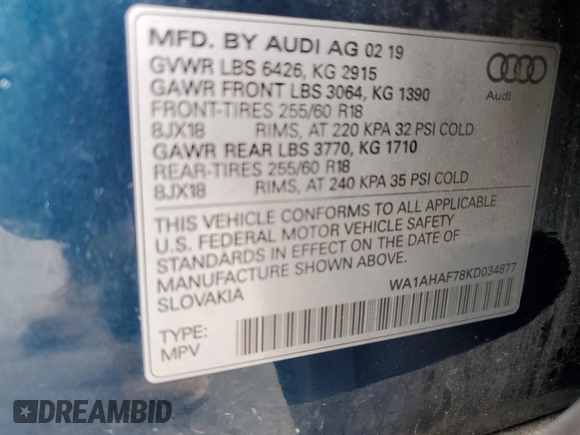 2019 Audi Q7 Premium z VIN WA1AHAF78KD034877, wystawiony jako Copart lot #49849665 z przebiegiem 43 663 mil mil oraz Szkoda całkowita • Salvage title. Historia ofert i sprzedaży dostępna na DreamBid. Obrazek 14.