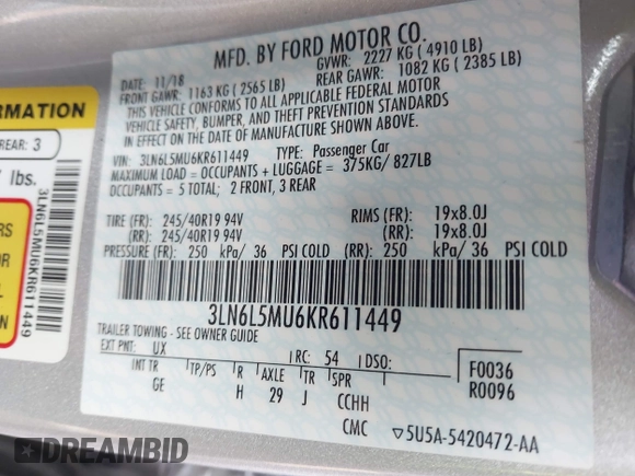 2019 Lincoln MKZ Hybrid Reserve II with VIN 3LN6L5MU6KR611449, listed as a IAAI auction lot 41465414 with Not provided miles and . Bid and sale history available at DreamBid. Image 9.