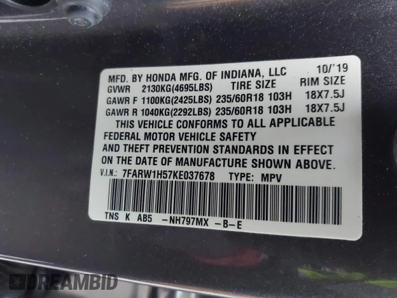 2019 Honda CR-V EX with VIN 7FARW1H57KE037678, listed as a IAAI auction lot 41790923 with 61,754 mi miles and . Bid and sale history available at DreamBid. Image 9.