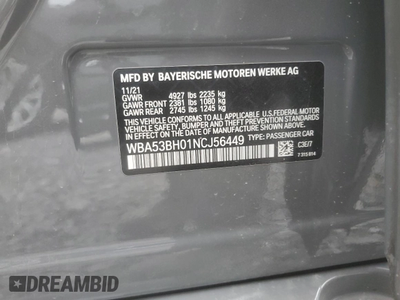 2022 BMW 5 Series 530i с VIN WBA53BH01NCJ56449, выставлен на аукционе Copart как лот 46634985 с пробегом Не указан миль и Списание • Salvage title. История ставок и продаж доступна на DreamBid. Изображение 14.