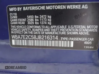 2018 BMW 7 Series 740i with VIN WBA7E2C58JB216314, listed as a IAAI auction lot 41867480 with 62,678 mi miles. Bid and sale history available at carsss.com. Image 9.