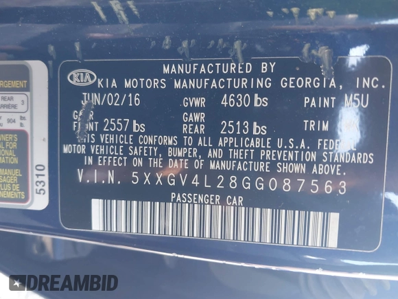 2016 Kia Optima SXL Turbo with VIN 5XXGV4L28GG087563, listed as a IAAI auction lot 39986124 with 180,160 mi miles. Bid and sale history available at carsss.com. Image 9.