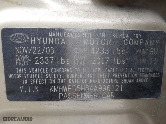 2004 Hyundai Sonata GLS with VIN KMHWF35H84A996121, listed as a IAAI auction lot 41731899 with 49,250 mi miles. Bid and sale history available at carsss.com. Image 9.