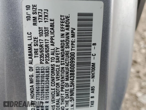 2011 Honda Odyssey EX с VIN 5FNRL5H43BB009900, выставлен на аукционе Copart как лот 57873205 с пробегом 191 740 миль миль и Списание • Salvage title. История ставок и продаж доступна на DreamBid. Изображение 13.