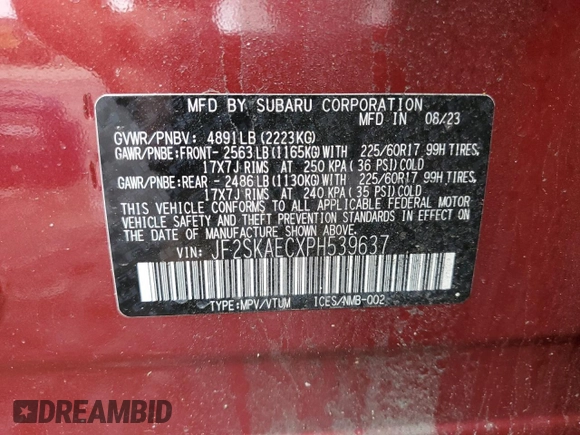 2023 Subaru Forester Premium z VIN JF2SKAECXPH539637, wystawiony jako Copart lot #58744975 z przebiegiem 29 311 mil mil oraz Szkoda całkowita • Salvage title. Historia ofert i sprzedaży dostępna na DreamBid. Obrazek 14.