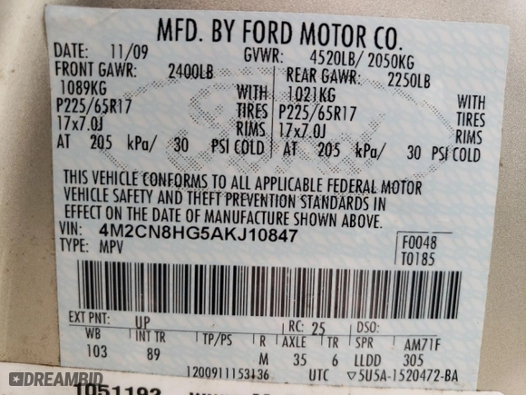 2010 Mercury Mariner Premier with VIN 4M2CN8HG5AKJ10847, listed as a Copart auction lot 73328164 with 175,092 mi miles and Non Repairable. Bid and sale history available at carsss.com. Image 13.