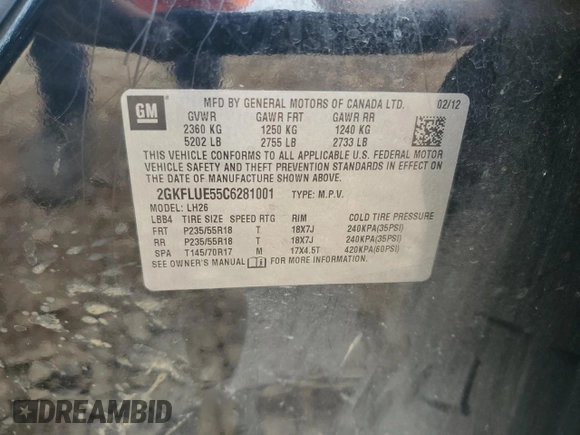 2012 GMC Terrain SLT-1 with VIN 2GKFLUE55C6281001, listed as a Copart auction lot 57208085 with 241,410 mi miles and Salvage title. Bid and sale history available at DreamBid. Image 13.