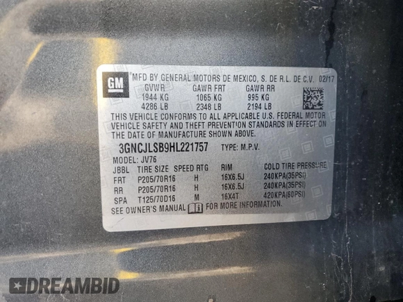 2017 Chevrolet Trax LT with VIN 3GNCJLSB9HL221757, listed as a Copart auction lot 52067785 with 89,750 mi miles and Salvage Title. Bid and sale history available at DreamBid. Image 13.