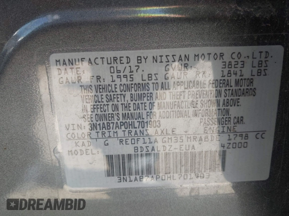 2017 Nissan Sentra SR with VIN 3N1AB7AP0HL701903, listed as a IAAI auction lot 42120525 with 109,670 mi miles and . Bid and sale history available at DreamBid. Image 9.