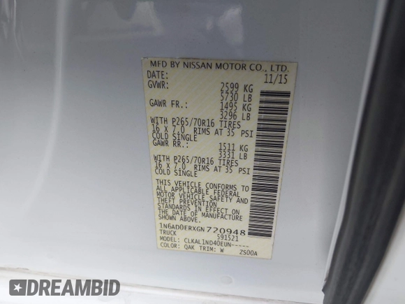 2016 Nissan Frontier S z VIN 1N6AD0ERXGN720948, wystawiony jako IAAI lot #41253397 z przebiegiem 90 128 mil mil oraz . Historia ofert i sprzedaży dostępna na DreamBid. Obrazek 9.