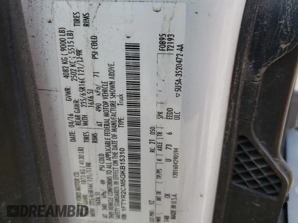 2016 Ford Transit Cargo с VIN 1FTYR2CM5GKB15310, выставлен на аукционе Copart как лот 59266185 с пробегом 64 352 миль миль и Чистый • Clean title. История ставок и продаж доступна на DreamBid. Изображение 13.