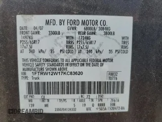 2007 Ford F-150 XLT with VIN 1FTRW12W17KC83620, listed as a Copart auction lot 62362235 with Not provided miles and Salvage title. Bid and sale history available at DreamBid. Image 13.