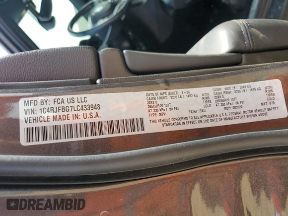 2020 Jeep Grand Cherokee Limited with VIN 1C4RJFBG7LC433948, listed as a Copart auction lot 53303595 with 48,805 mi miles and Salvage title. Bid and sale history available at DreamBid. Image 14.