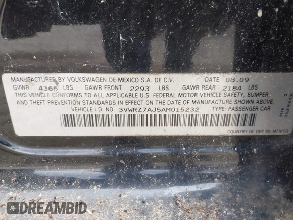 2010 Volkswagen Jetta Limited Edition with VIN 3VWRZ7AJ5AM015232, listed as a IAAI auction lot 42784607 with Not provided miles and . Bid and sale history available at DreamBid. Image 9.