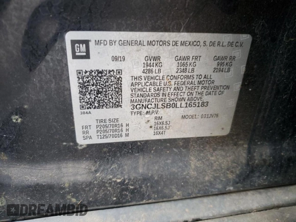 2020 Chevrolet Trax LT with VIN 3GNCJLSB0LL165183, listed as a Copart auction lot 44601285 with 93,915 mi miles and Salvage Title. Bid and sale history available at carsss.com. Image 13.