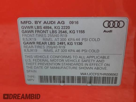 2017 Audi Q3 Premium Plus with VIN WA1JCCFS7HR006062, listed as a Copart auction lot 61395335 with 48,346 mi miles and Clean title. Bid and sale history available at DreamBid. Image 13.