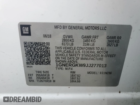 2018 Chevrolet Traverse LT Cloth with VIN 1GNERGKW9JJ277013, listed as a Copart auction lot 73587314 with 97,773 mi miles and Salvage Title. Bid and sale history available at carsss.com. Image 13.