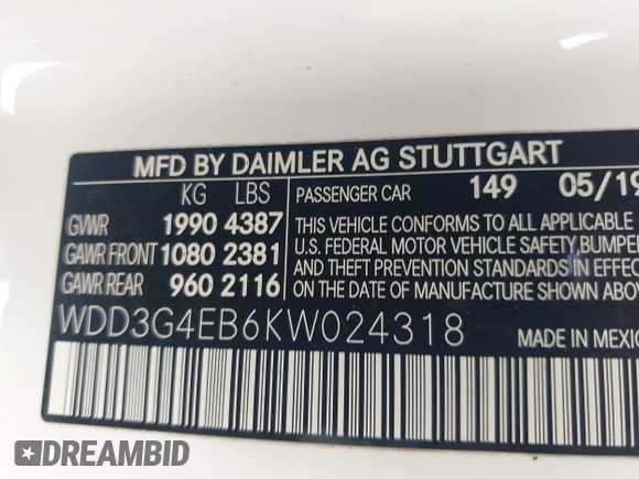 2019 Mercedes-Benz A 220 with VIN WDD3G4EB6KW024318, listed as a IAAI auction lot 41931809 with 66,033 mi miles and . Bid and sale history available at DreamBid. Image 9.
