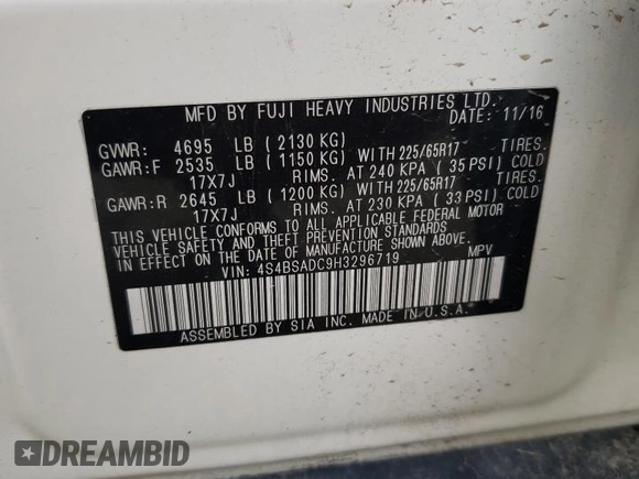 2017 Subaru Outback Premium with VIN 4S4BSADC9H3296719, listed as a Copart auction lot 57528335 with 115,465 mi miles and Salvage title. Bid and sale history available at DreamBid. Image 13.