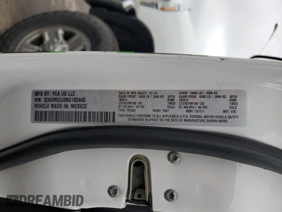2022 Ram 2500 Big Horn with VIN 3C6UR5DJ0NG182445, listed as a Copart auction lot 59940205 with 91,080 mi miles and Salvage title. Bid and sale history available at DreamBid. Image 12.